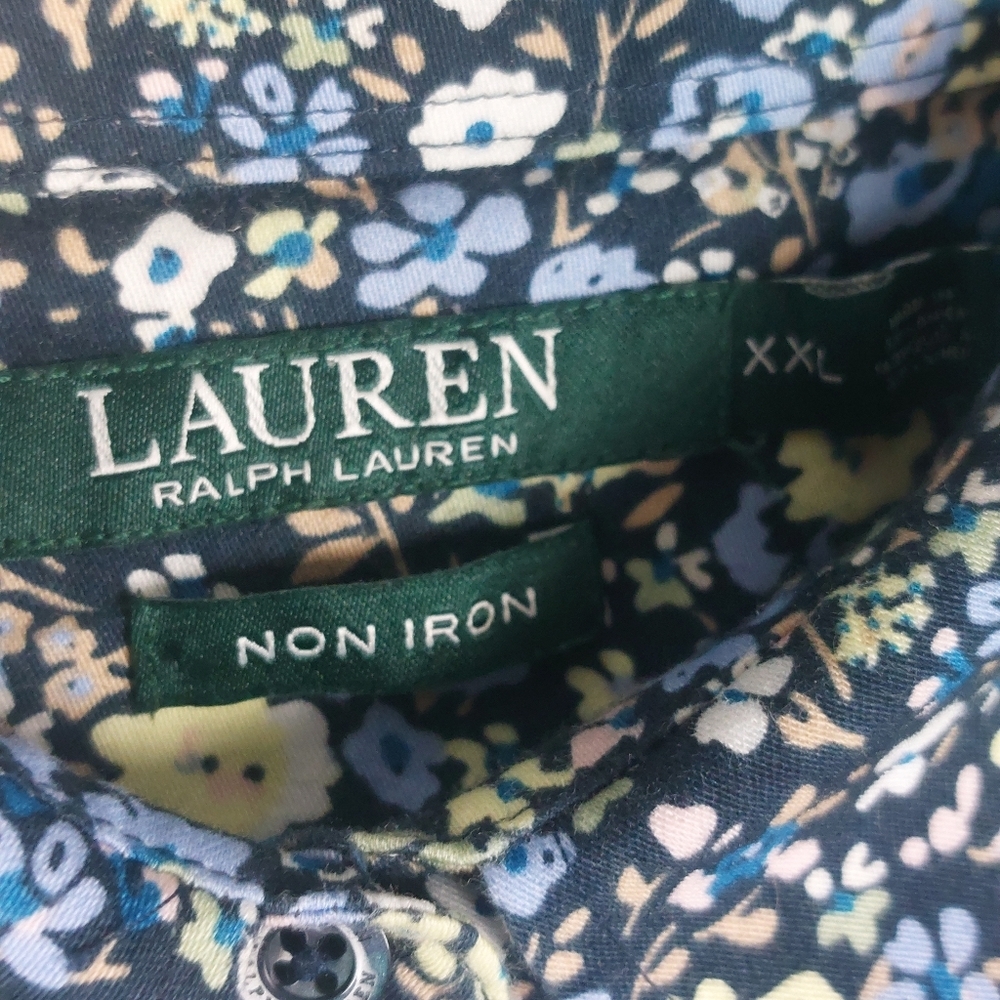 LAUREN RALPH LAUREN WOMENS NON IRON BLUE MICRO DITSY FLORAL COTTON SHIRT SZ XXL - Picture 6 of 8